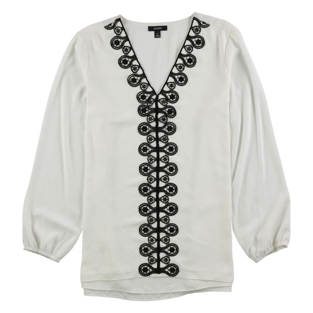 Alfani Womens Lace-Trim Tunic Blouse, White, M, DM